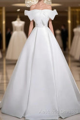 A-Line White Satin Long Evening Prom Dresses, White Long Formal Dresses